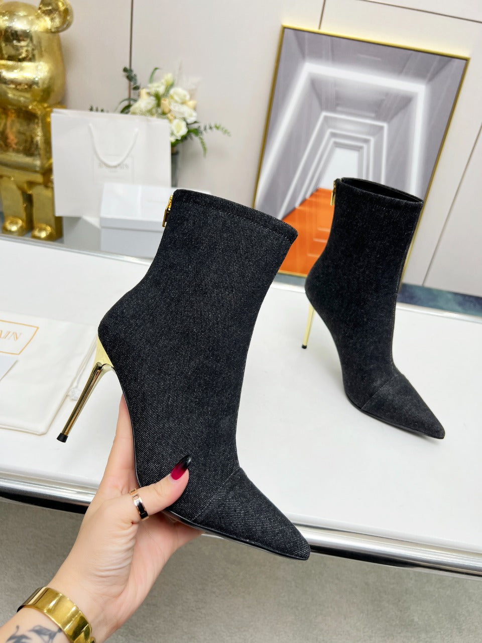 BALMAIN 26S BOOTS 95 MM IN BLACK DENIM
