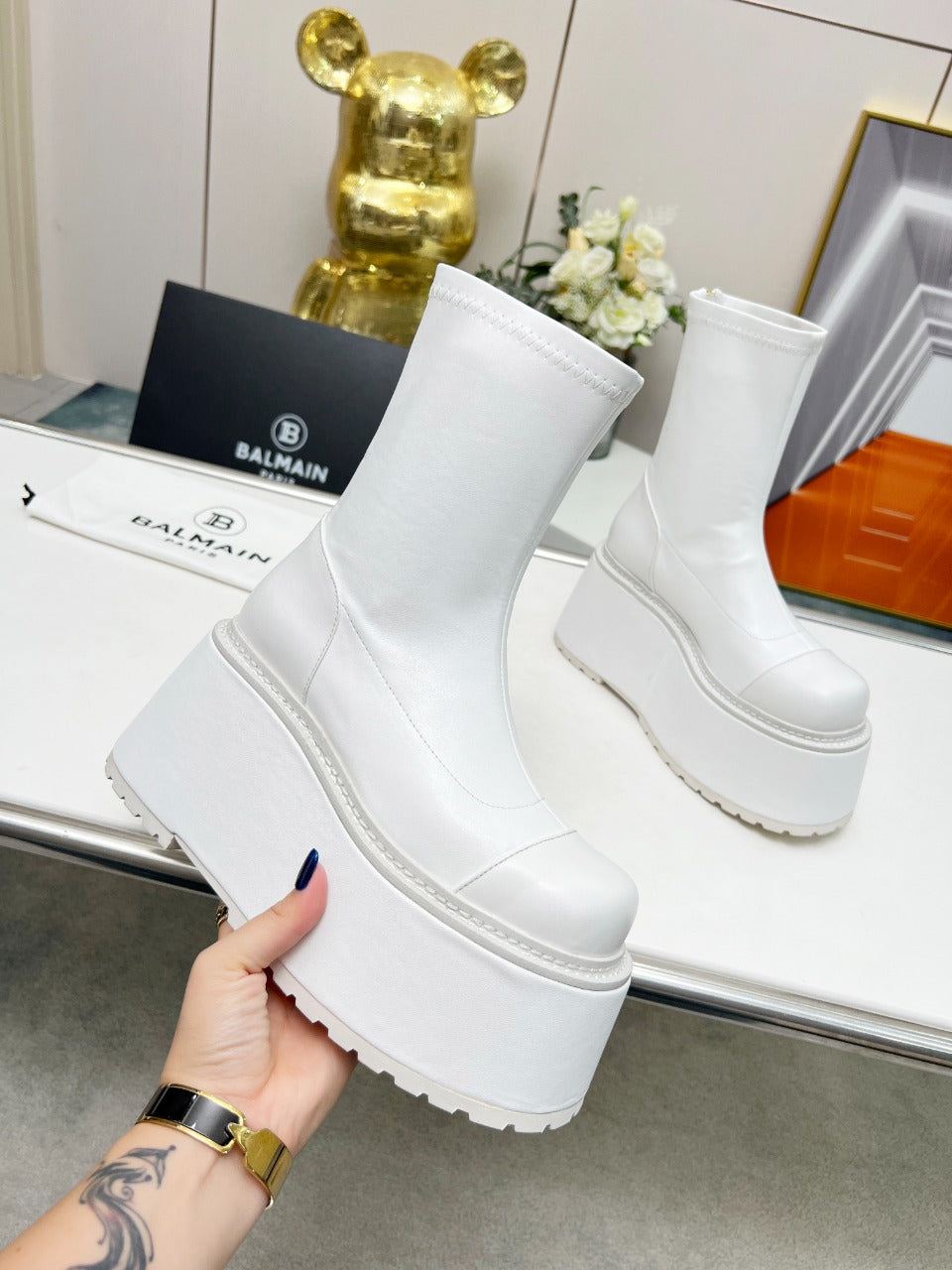 BALMAIN 26S PLATFORM BOOTS 100 MM IN WHITE CALFSKIN