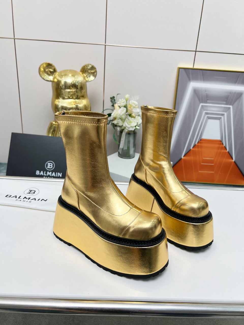 BALMAIN 26S PLATFORM BOOTS 100 MM IN GOLD METALLIC CALFSKIN