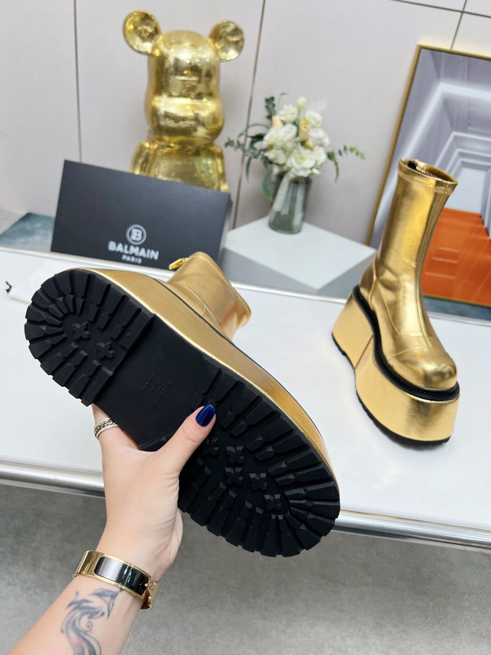 BALMAIN 26S PLATFORM BOOTS 100 MM IN GOLD METALLIC CALFSKIN