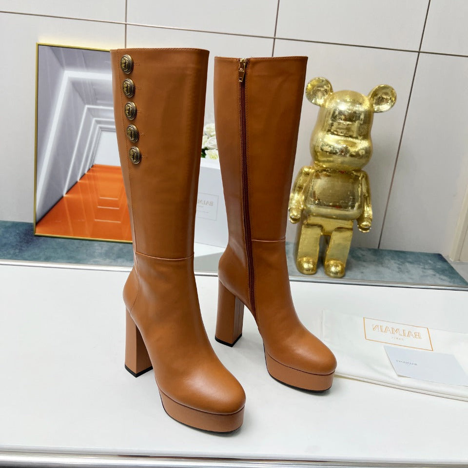 BALMAIN 26S HIGH BOOTS 115 MM IN BROWN CALFSKIN