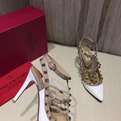 ROCKSTUD CAGED HIGH PUMP IN WHITE MIX LIGHT PINK PATENT CALFSKIN 100 MM