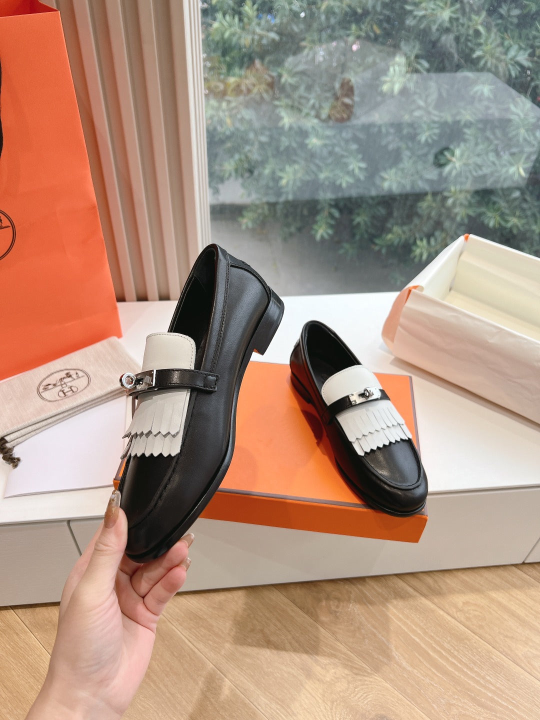 Destin Loafer Black Goatskin with White Fringe Detail